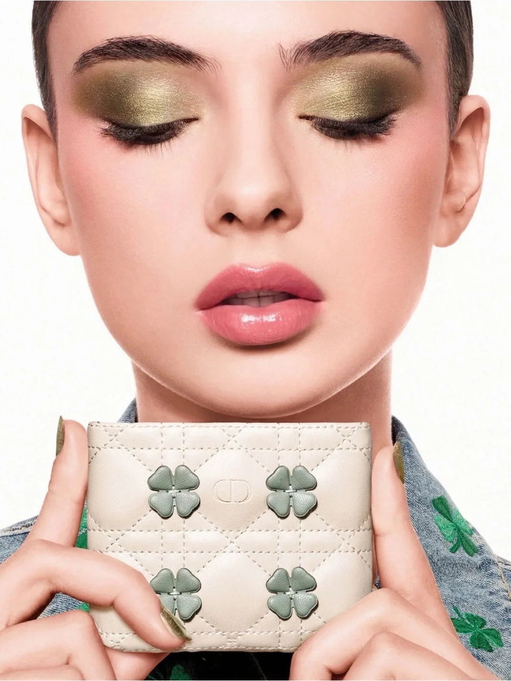 Dior Cream Quilted Mini Wallet with Green Clover Appliqués